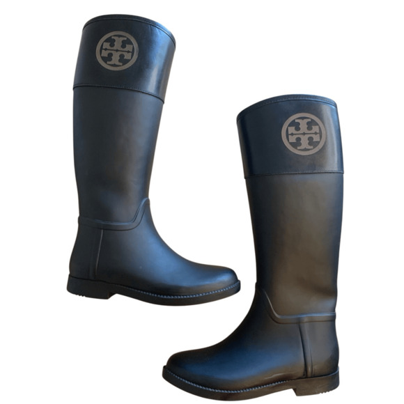 Tory Burch Black Knee High Leather Rubber Boots - Picture 1 of 12